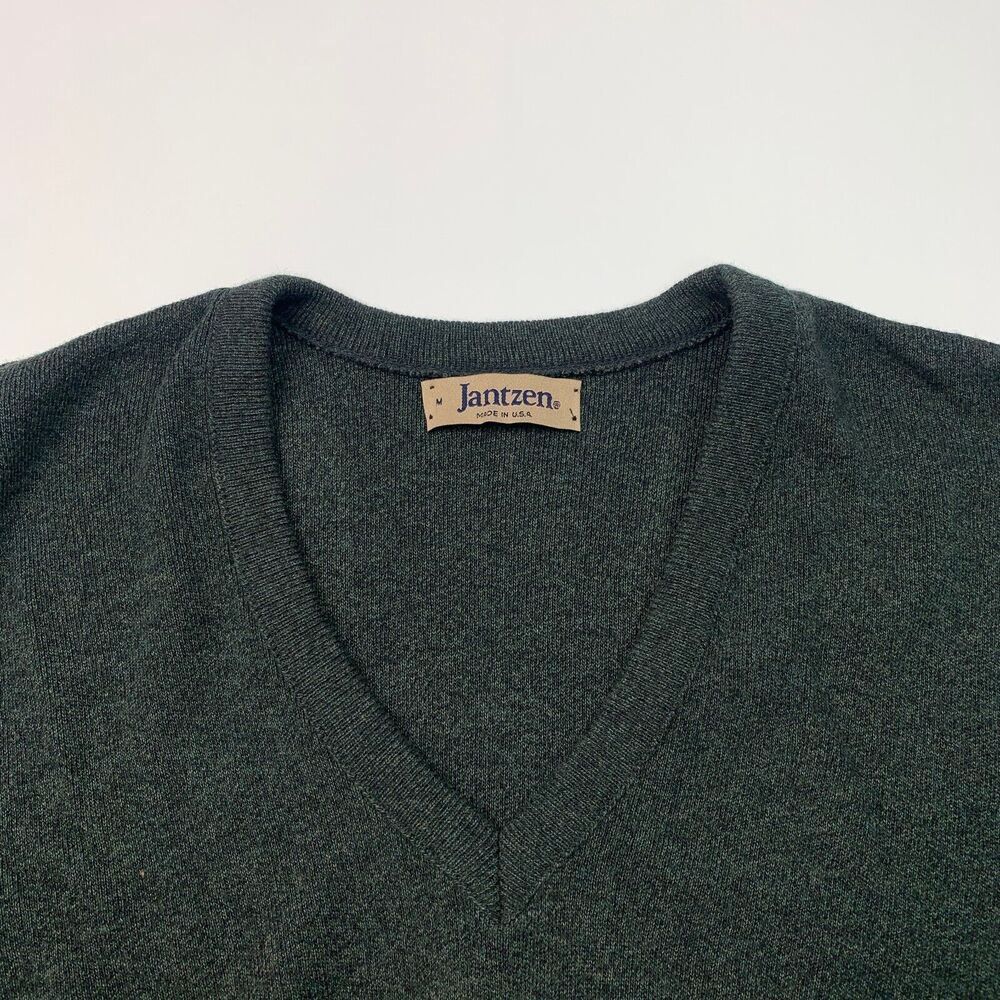 Vintage Jantzen Sweater Mens L Large Hunter Green Knit V Neck Pullover Made USA - Picture 4 of 9